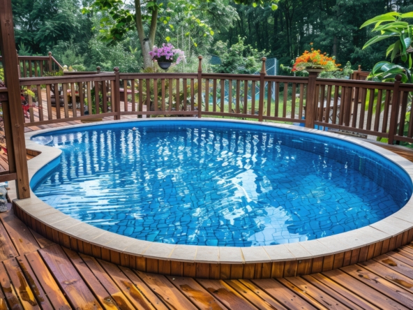 Ground Pool. Pool Deck with Railing: pool, poolside, deck, water, up high, ground, rail, railing, railing, stained --ar 3:2 Job ID: e68e72eb-2812-4f6e-92c4-de0117284f18