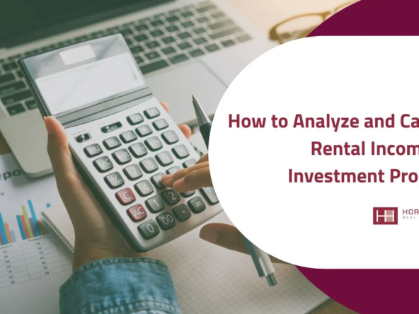 A close-up of a person using a calculator to analyze rental income, with charts, a sales report, and a laptop in the background.