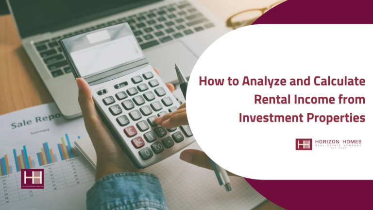 A close-up of a person using a calculator to analyze rental income, with charts, a sales report, and a laptop in the background.