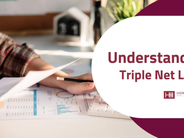 An infographic explaining Triple Net Leases, featuring a person analyzing financial documents with a calculator and charts.