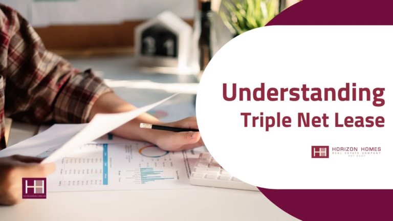 An infographic explaining Triple Net Leases, featuring a person analyzing financial documents with a calculator and charts.